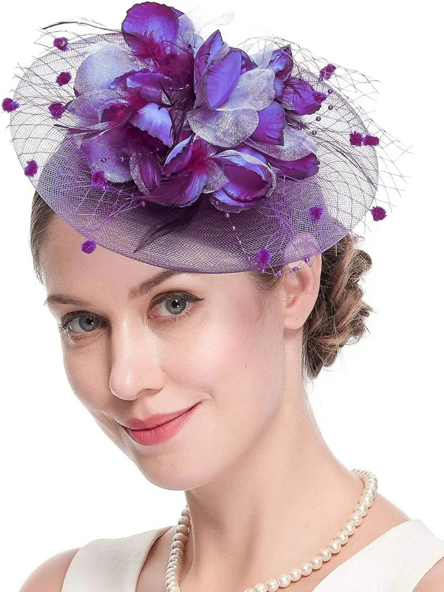 Showlu Women's Mesh Flower Fascinator Hat with feather and veil, elegant wedding and party headwear for women.