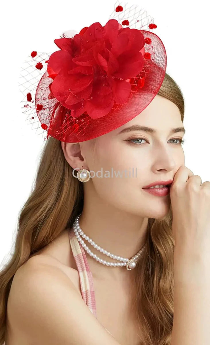 Showlu Women's mesh flower fascinator hat with feather and veil, elegant headwear for wedding, tea parties, and special occasions