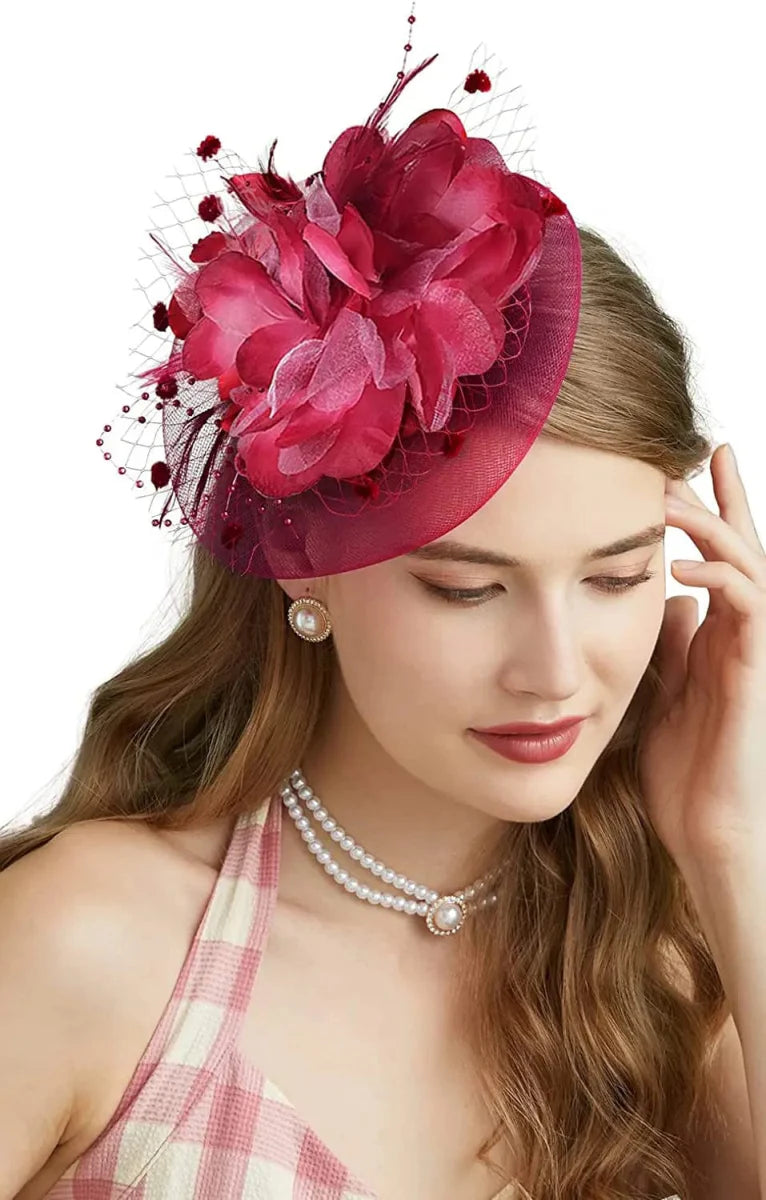 Showlu Women's Mesh Flower Fascinator Hat with feather and veil, elegant wedding and party headwear for women.