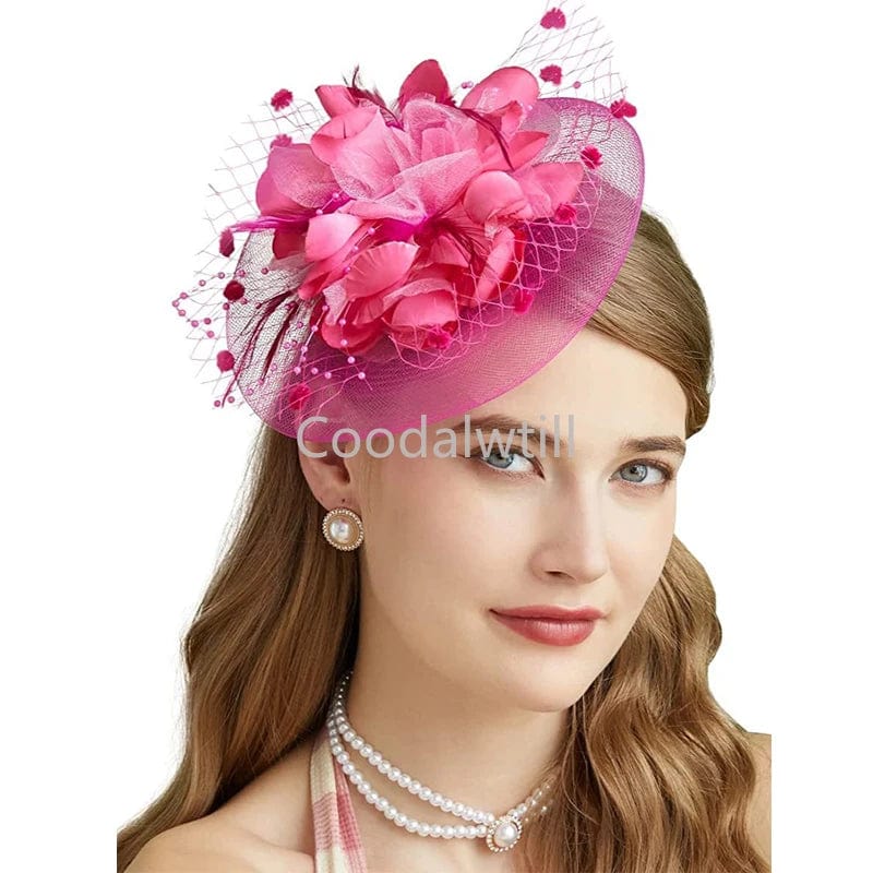 Elegant Showlu Women's mesh flower fascinator hat with feather veil, perfect for wedding, tea parties, and special events.