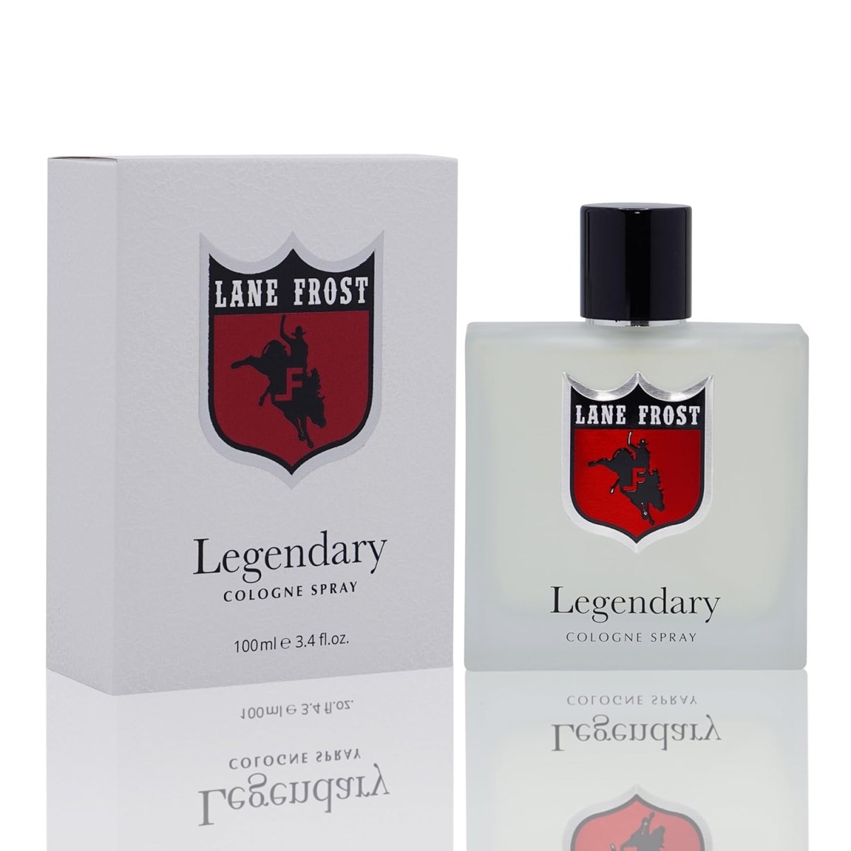 Unisex Lane Frost Legendary Cologne with leather and cedarwood scent in a 3.4 oz bottle, featuring a frosted glass design.