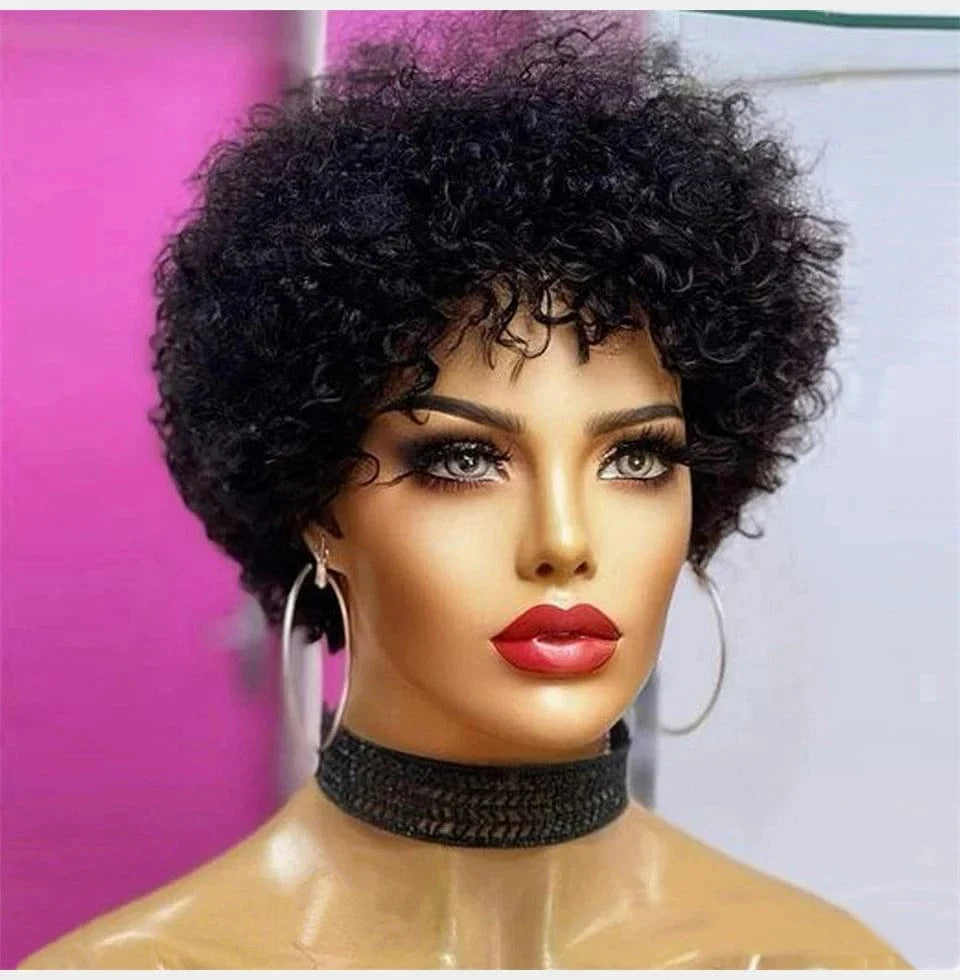 Large afro kinky curly wig for Black women, glueless Brazilian Remy human hair with a bouncy, pre-plucked, machine-made style.