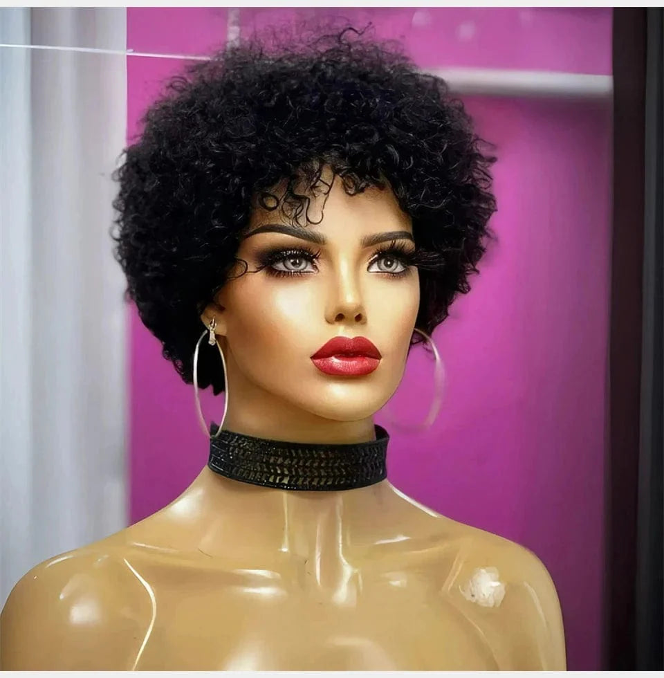 Large afro kinky curly wig for black women, glueless Brazilian Remy human hair with bouncy, natural volume and pre-plucked hairline.