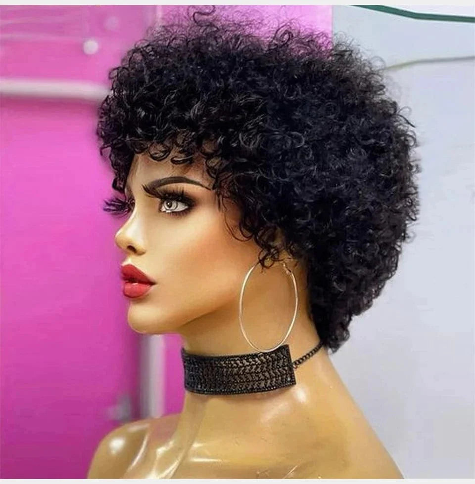 Large Afro kinky curly wig for black women, glueless Brazilian Remy human hair, pre-plucked and machine-made, bouncy and full.