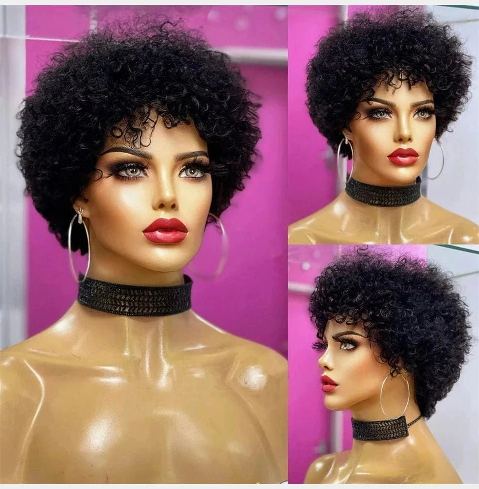 Large Afro kinky curly wig for black women, glueless Brazilian Remy human hair, pre-plucked, machine-made, bouncy and full volume.