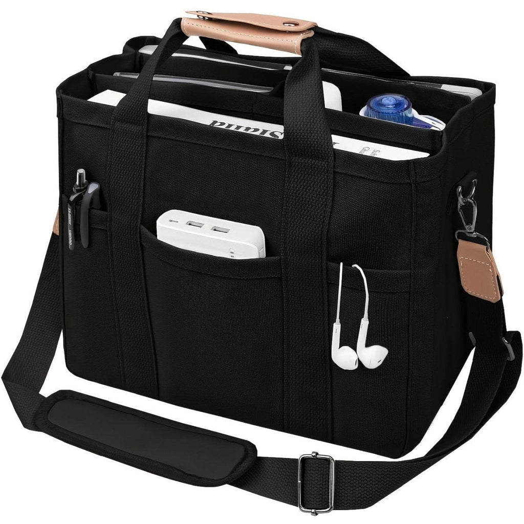 Showlu large beige canvas shoulder bag with multiple pockets and wristlet, featuring durable handles and versatile storage.