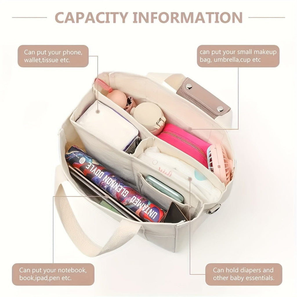 Showlu beige large canvas multi-pocket shoulder bag with versatile compartments and durable handles, includes matching wristlet.