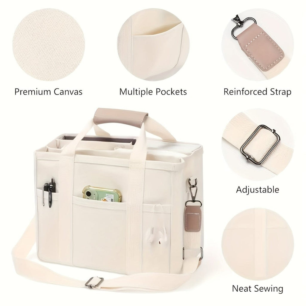 Showlu large beige canvas shoulder bag with multiple pockets, compartments, and a wristlet, featuring durable handles for versatile use.