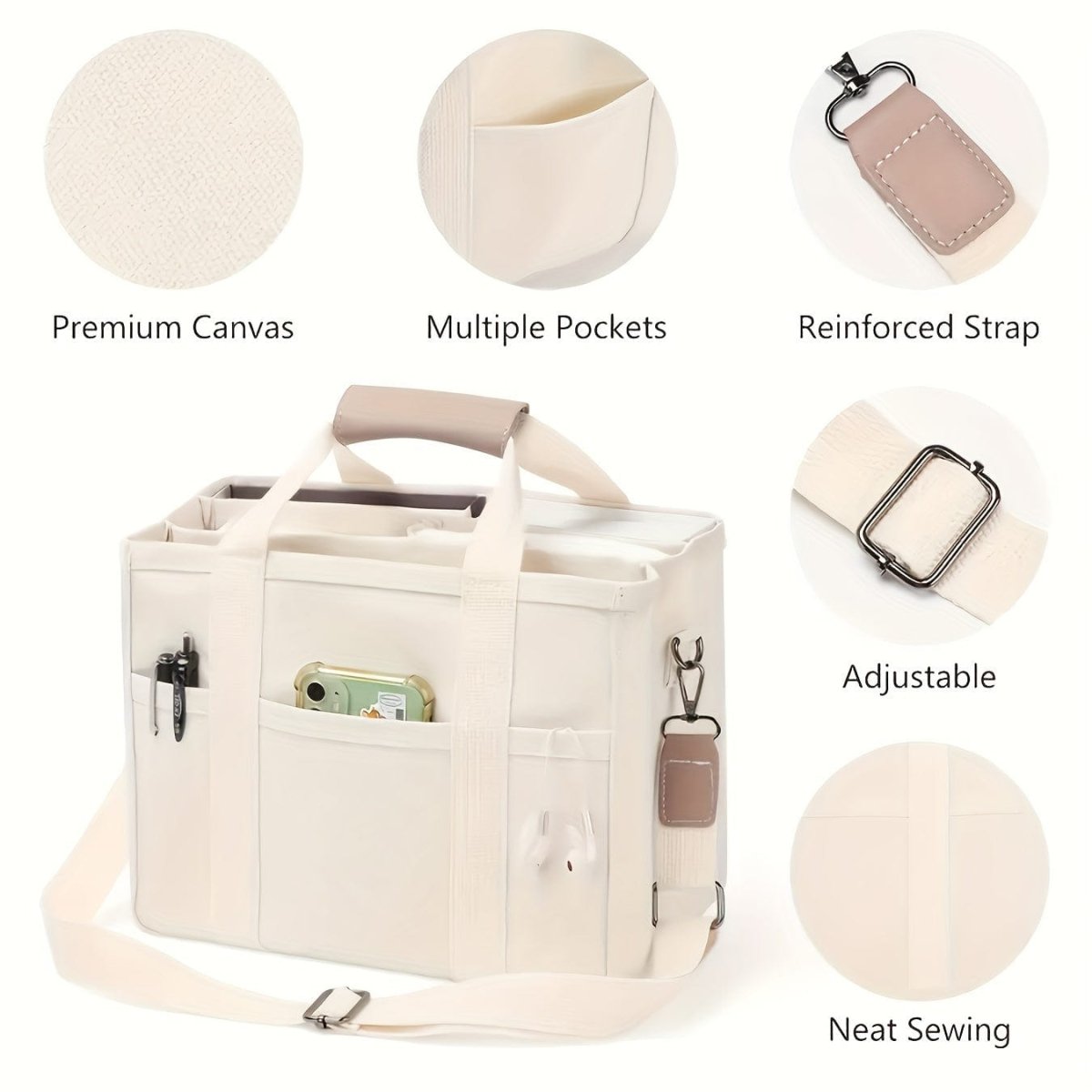 Showlu large beige canvas shoulder bag with multiple pockets, compartments, and a wristlet, featuring durable handles for versatile use.