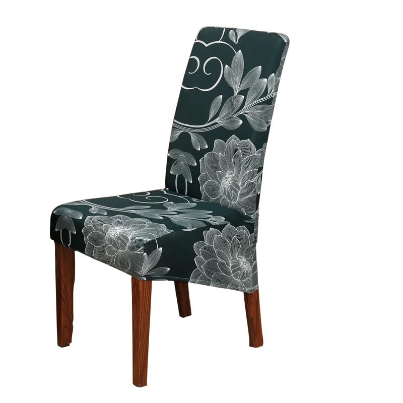 Geometric stretch spandex slipcover for high-back dining chairs, soft washable fabric, designed to protect and update dining room furniture