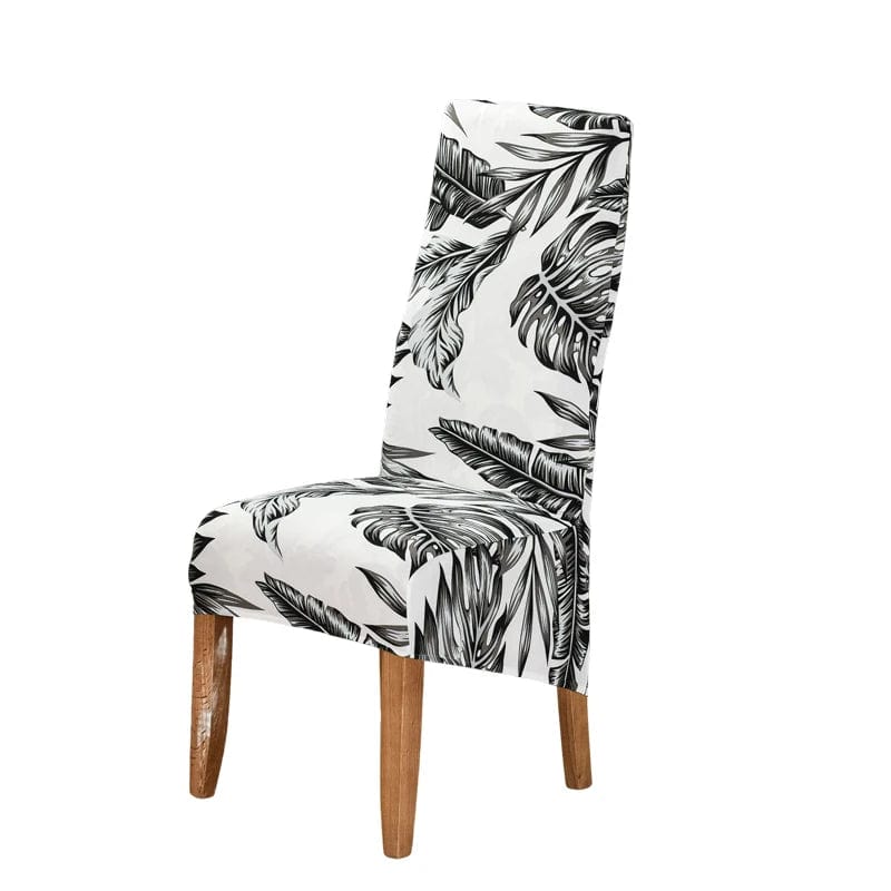 Geometric stretch spandex dining chair cover fitting high-back chairs, soft, washable, and removable for a modern dining room look.