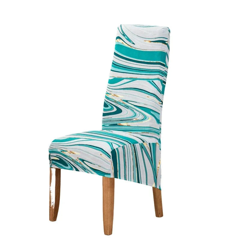 Geometric stretch spandex slipcover for high-back dining chairs, showing soft, washable, removable cover with modern pattern.