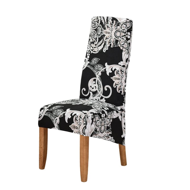Showlu Fashion S-EMIGA geometric stretch spandex dining chair cover on high-back chair, soft, washable, and removable for dining room decor.