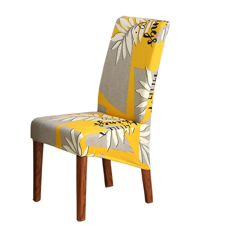 Large geometric stretch spandex slipcover on high-back dining chair, showing a soft, washable, removable design for a modern dining room.