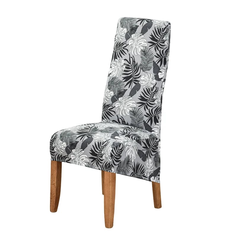 Large geometric stretch spandex dining chair cover for high-back chairs, soft, washable, and removable for a stylish dining room update