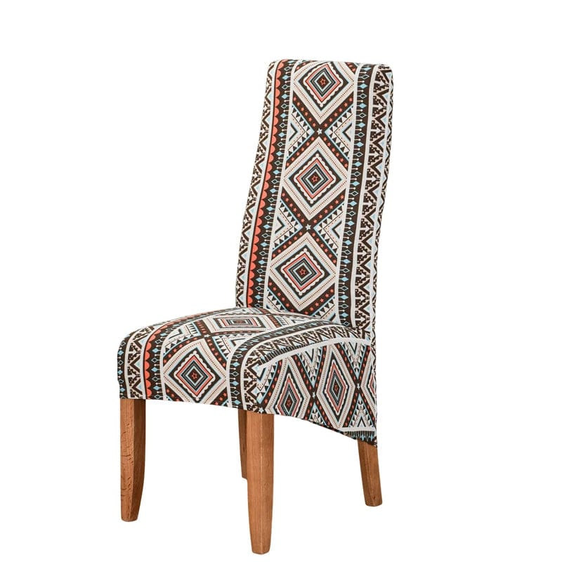 Geometric stretch spandex slipcover for high-back dining chairs, showcasing a modern, soft, washable, and removable furniture cover.