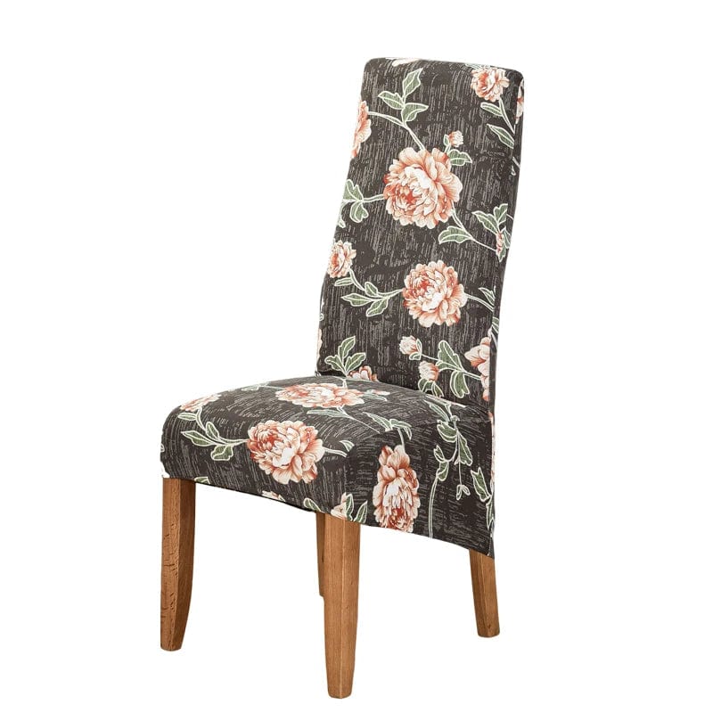 Large geometric stretch spandex dining chair cover for high-back chairs, soft, washable, and removable for easy cleaning.