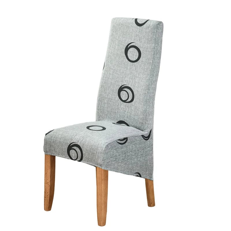 Geometric stretch spandex dining chair cover for high-back chairs, washable and removable, designed to fit and protect.