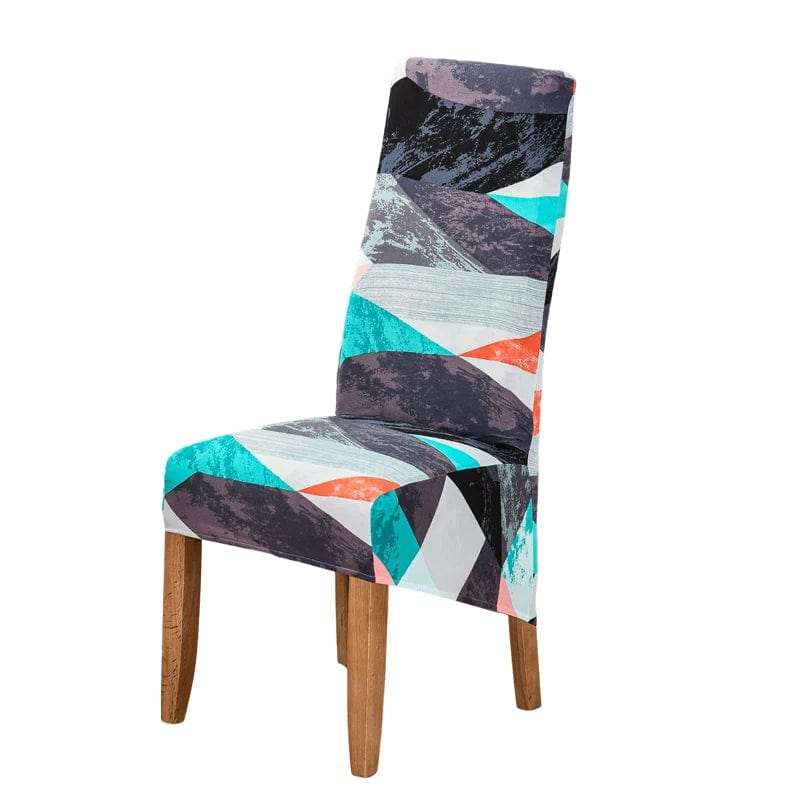 Geometric stretch spandex slipcover for high-back dining chairs, showing soft, washable, and removable cover for modern dining room decor.