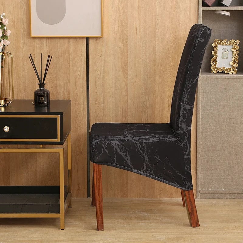 Showlu Fashion S-EMIGA geometric stretch spandex dining chair cover on a high-back chair, washable and removable for easy fit.