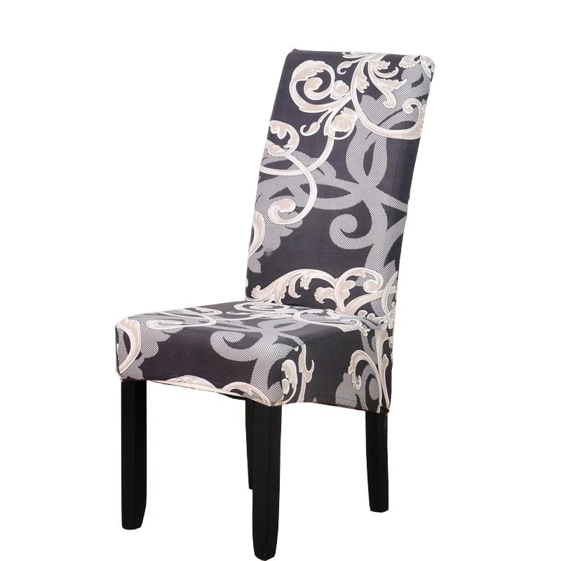 Showlu Fashion S-EMIGA geometric stretch spandex dining chair cover on a high-back chair, soft, washable, and removable for dining room decor.