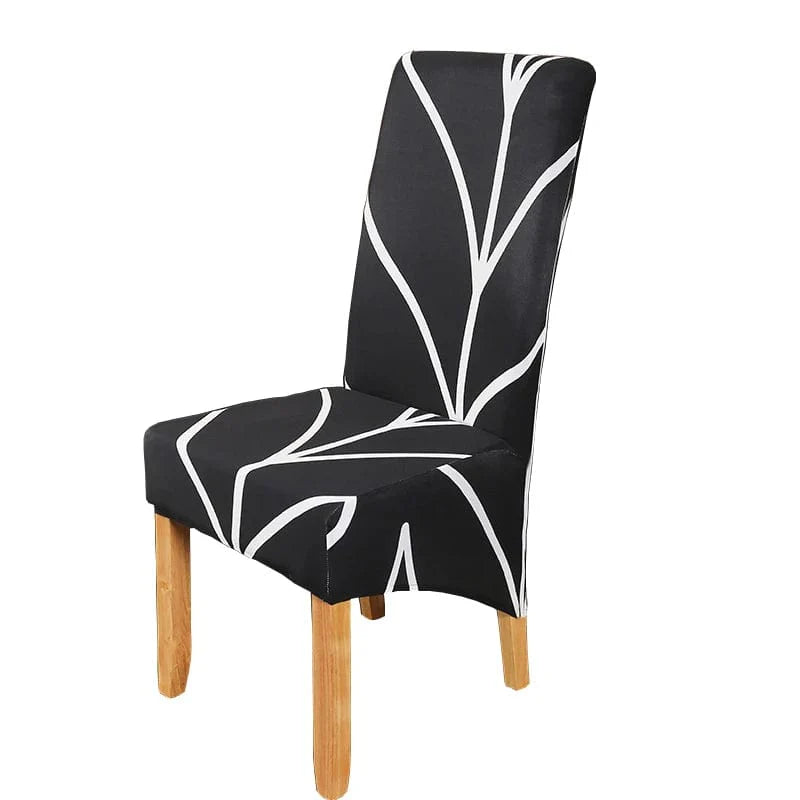 Showlu Fashion S-EMIGA geometric stretch spandex slipcover on high-back dining chair, soft, washable, and removable for easy care.