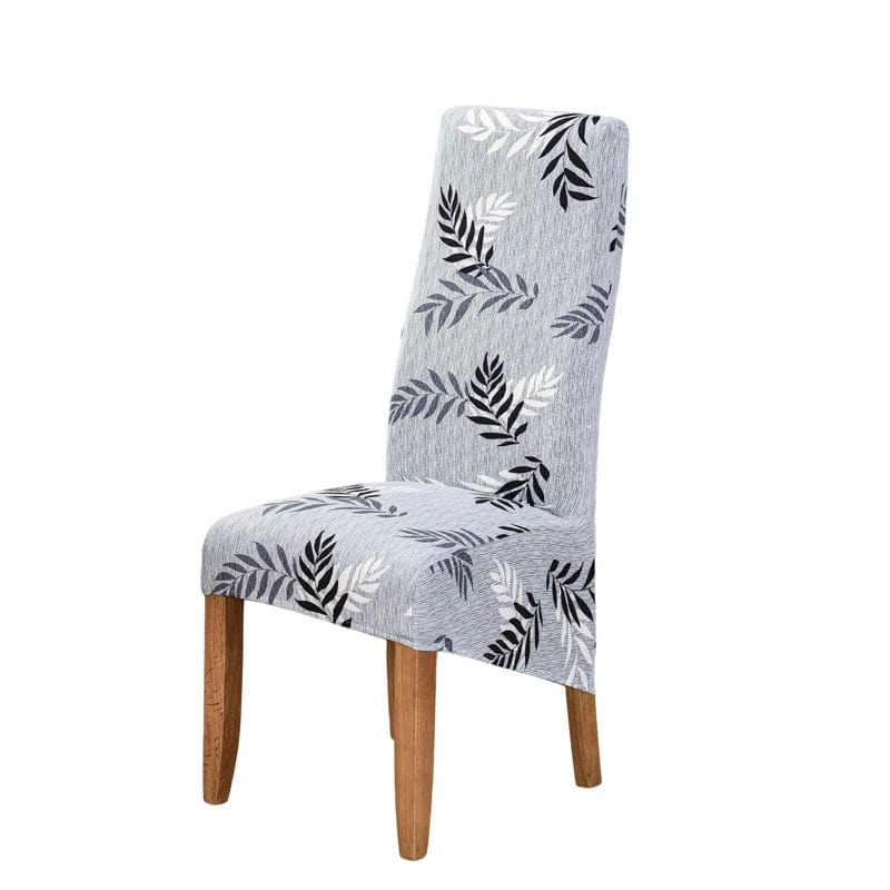 Large geometric stretch spandex dining chair cover on high-back chair, soft, washable, and removable for a modern dining room look