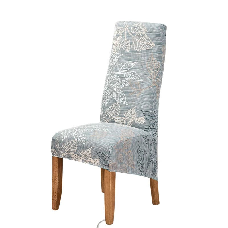 Geometric stretch spandex slipcover for high-back dining chair, soft, washable, and removable for a modern dining room update.
