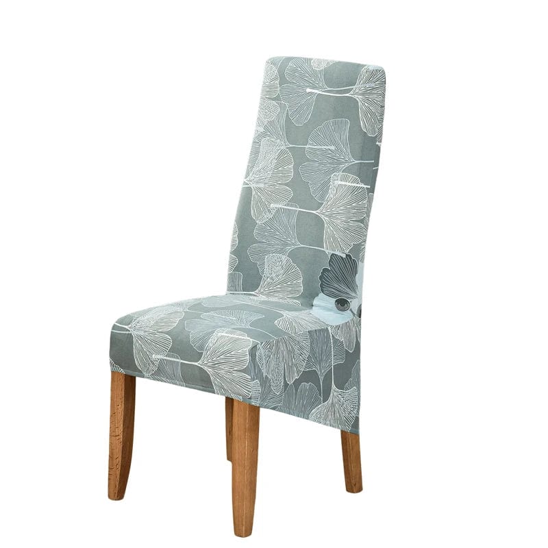 Large geometric stretch spandex slipcover on high-back dining chair, showcasing soft, washable, removable cover for elegant dining room decor.