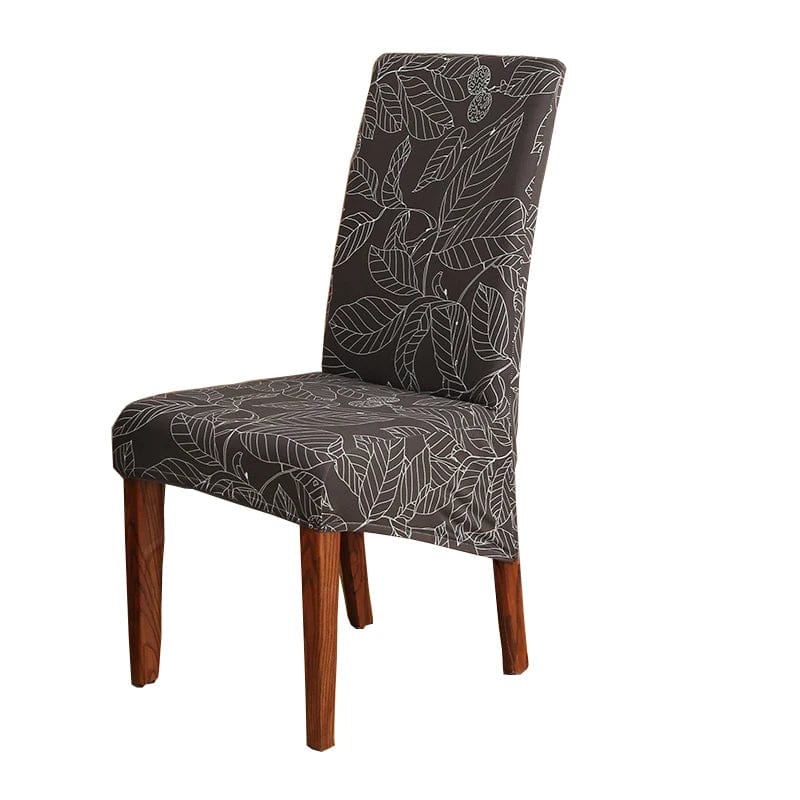 Geometric stretch spandex dining chair cover on a high-back chair, showcasing soft, washable, and removable slipcover for dining rooms.