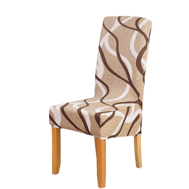 Large geometric stretch spandex dining chair cover for high-back chairs, soft, washable, and removable for a stylish dining room update