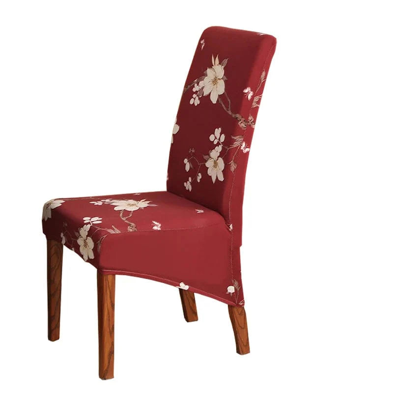 Geometric stretch spandex slipcover for high-back dining chairs, soft washable fabric, fits large dining room chairs.