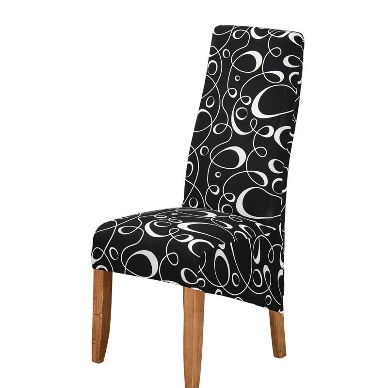 Stretch spandex geometric dining chair cover for high-back chairs, soft, washable, and removable for a stylish dining room update.