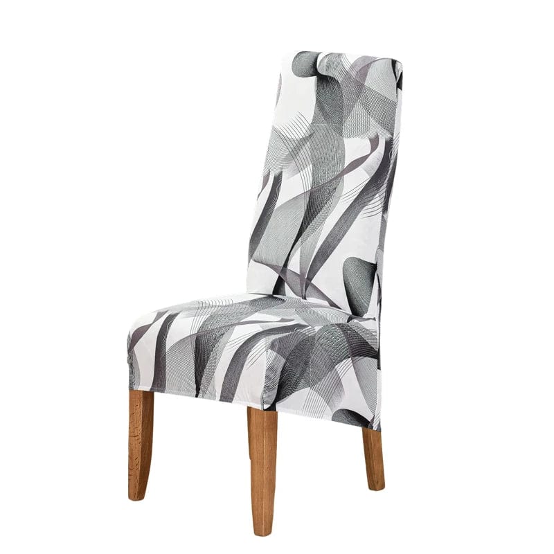 Showlu Fashion S-EMIGA geometric stretch spandex dining chair cover on a high-back chair, soft, washable, and removable for dining room decor.