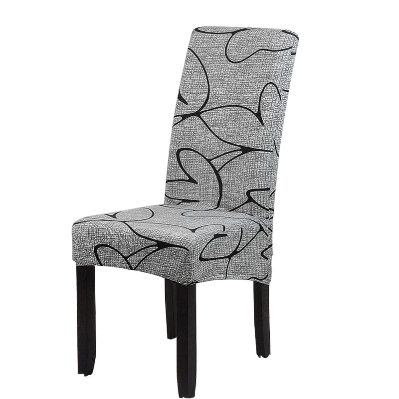 Geometric stretch spandex slipcover for high-back dining chairs, showcasing soft, washable, removable cover for a modern dining room.