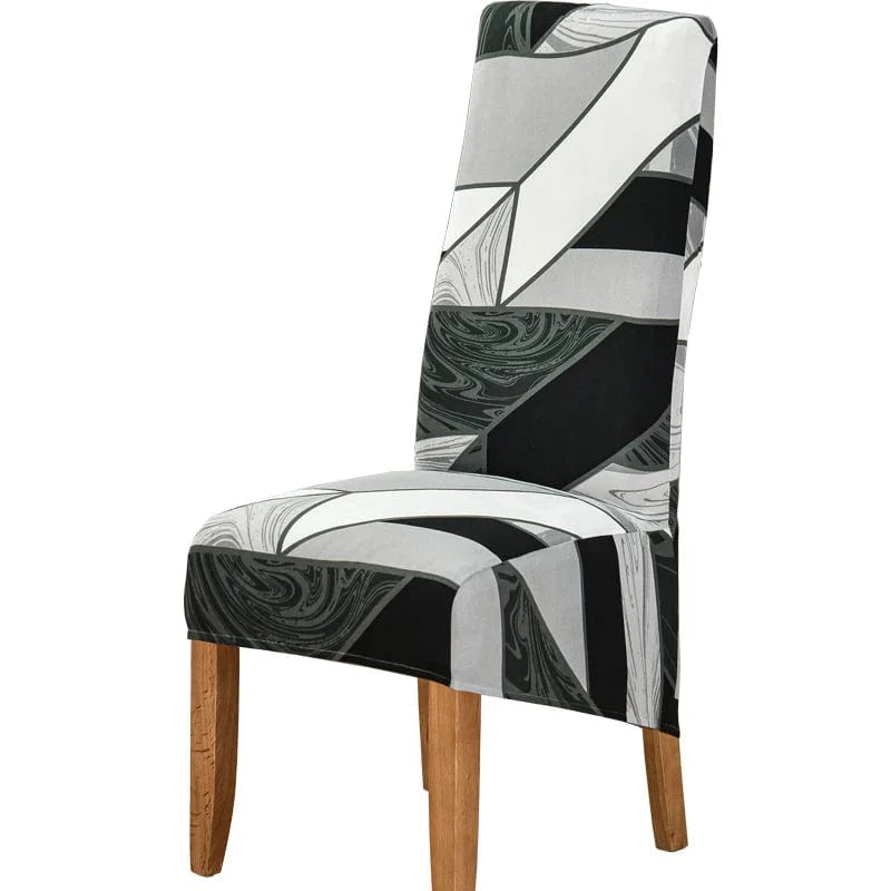 Large geometric stretch spandex dining chair cover for high-back chairs, washable, removable, and soft for a stylish dining room look.