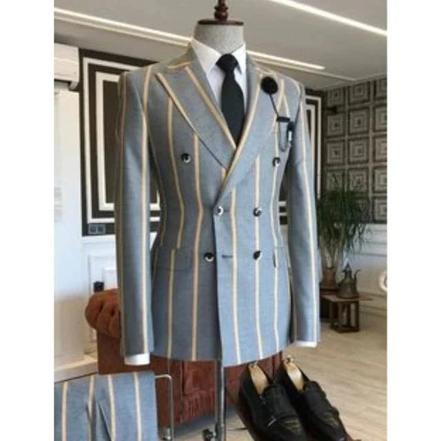 Blue wide stripe men's slim fit tuxedo with peaked lapels, double-breasted blazer and matching pants from SHOWLU FASHION STORE.