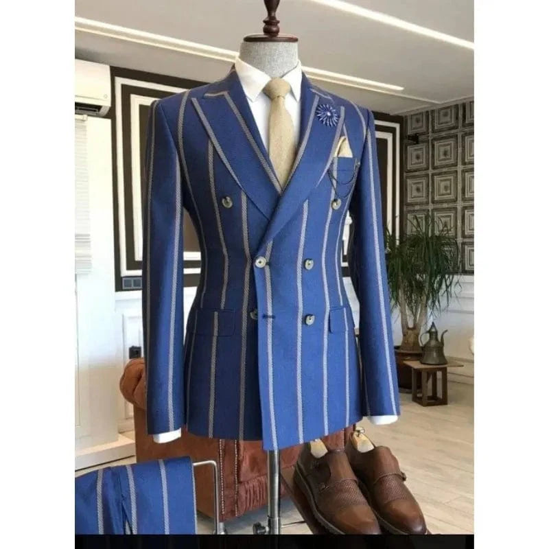 Blue wide stripe men's slim fit suit by SHOWLU FASHION STORE, double-breasted tuxedo with peaked lapel and tailored blazer and pants.