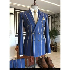 Latest Blue Wide Stripe Men Suits Peaked Lapel Slim Fit Tuxedo Masculino Blazer Prom Daily Wear Custom 2 Pieces Jacket+Pants - SHOWLU FASHION STORE