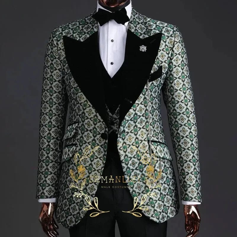 Men's black and white polka dot wedding suit by SHOWLU FASHION STORE, slim fit 3-piece tuxedo with shawl lapel for formal events.