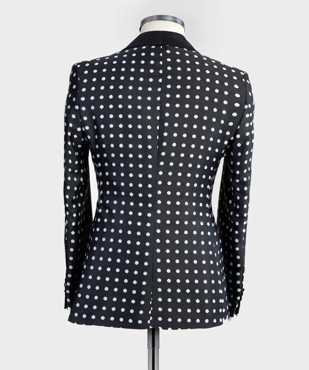 Men's black and white polka dot wedding suit by SHOWLU FASHION, slim fit 3-piece tuxedo with shawl lapel, suitable for prom or wedding.