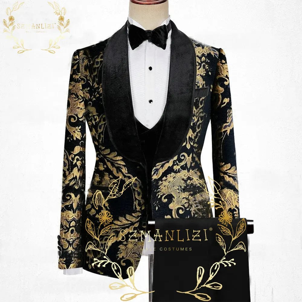 Black and white polka dot men's wedding suit with slim fit, shawl lapel, three-piece set, perfect for formal events and prom.
