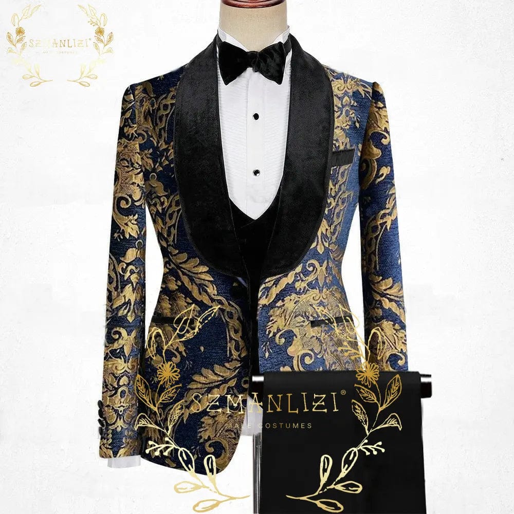 Black and white polka dot men's wedding suit by SHOWLU FASHION, slim fit 3-piece tuxedo with shawl lapel, ideal for formal events.