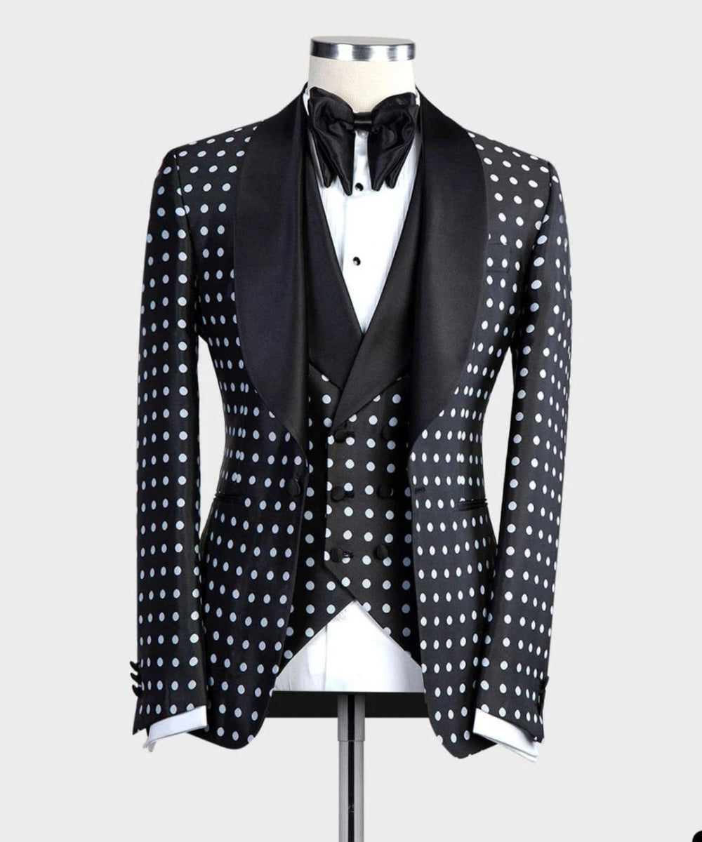 Latest Design Black White Dots Mens Suits For Wedding Shawl Lapel Groom Tuxedos Slim Fit Terno Masculino Prom Party 3 Pieces Set - SHOWLU FASHION STORE