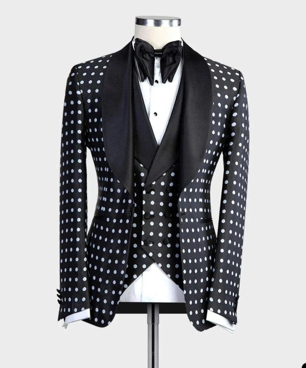Black and white polka dot men's wedding suit by SHOWLU FASHION with slim fit, shawl lapel, 3-piece tuxedo for groom or prom.