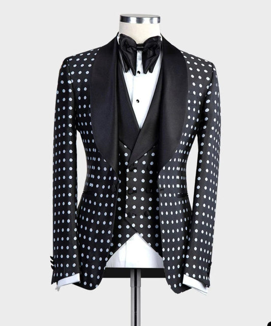 Latest Design Black White Dots Mens Suits For Wedding Shawl Lapel Groom Tuxedos Slim Fit Terno Masculino Prom Party 3 Pieces Set - SHOWLU FASHION STORE