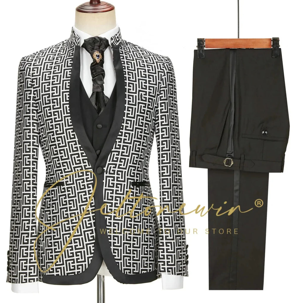 Black and white polka dot men's wedding suit by SHOWLU FASHION, slim fit 3-piece tuxedo with shawl lapel for formal events.