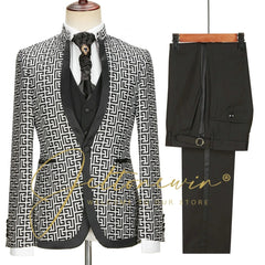 Latest Design Black White Dots Mens Suits For Wedding Shawl Lapel Groom Tuxedos Slim Fit Terno Masculino Prom Party 3 Pieces Set - SHOWLU FASHION STORE