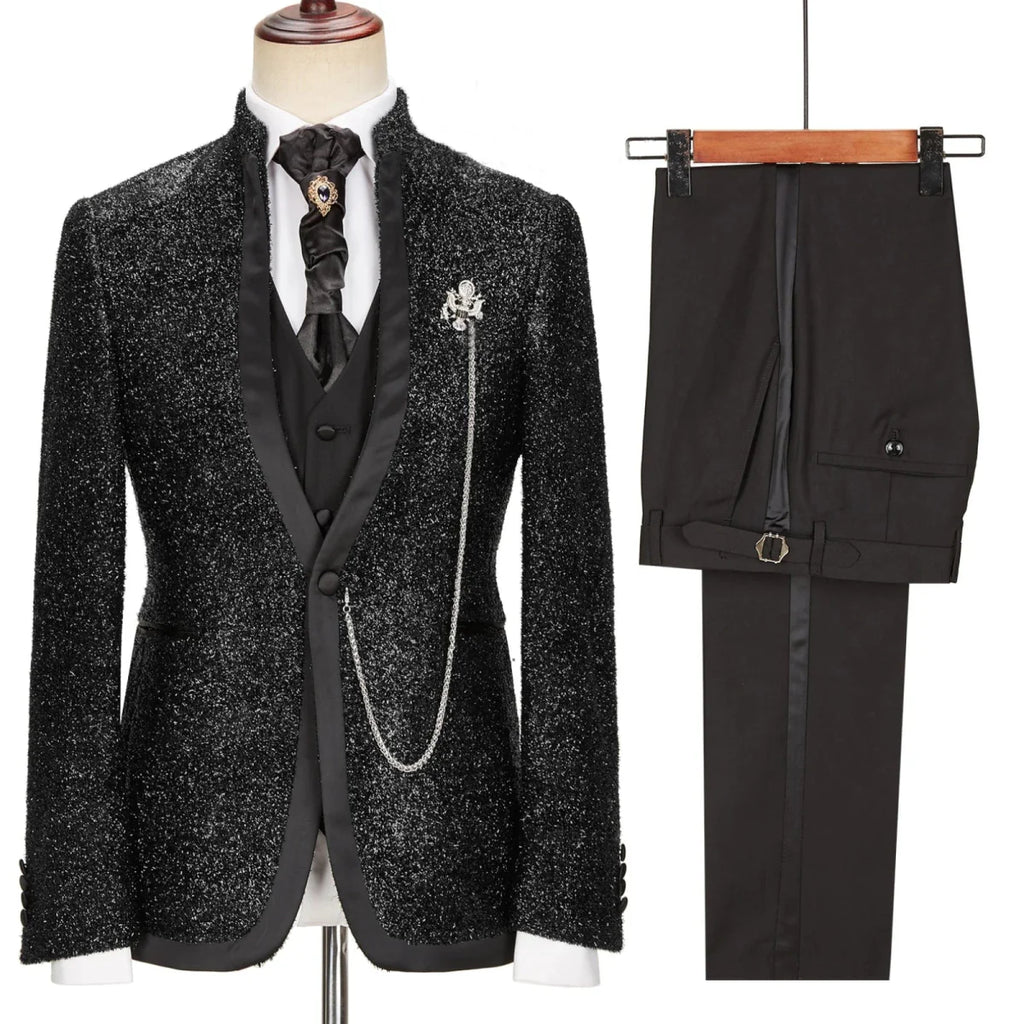 Men's black and white polka dot wedding suit by SHOWLU FASHION STORE, slim fit 3-piece tuxedo with shawl lapel for formal events.