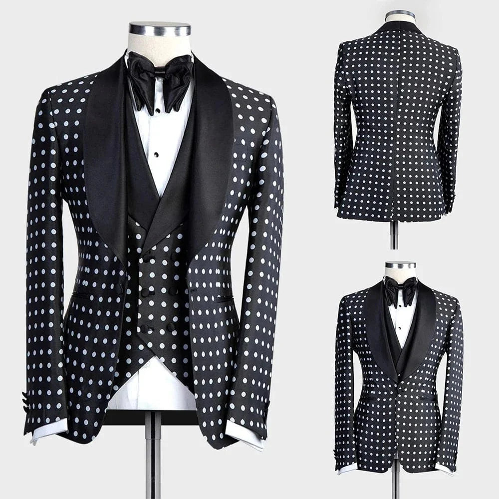 Black and white polka dot men's wedding suit by SHOWLU FASHION, featuring a slim fit 3-piece tuxedo with shawl lapel and stylish design.